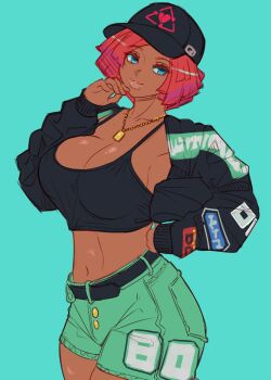 Rule 34 | 1girl, absurdres, baseball cap, black jacket, black shirt, blue eyes, breasts, cleavage, closed mouth, commentary, dark-skinned female, dark skin, giovanna (guilty gear), gold necklace, green shorts, guilty gear, guilty gear strive, hand on own hip, hat, highres, jacket, jewelry, large breasts, midriff, navel, necklace, red hair, shirt, short hair, shorts, simple background, solo, taobaka