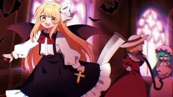 1girl 3girls absurdres bat_(animal) bat_wings black_skirt blonde_hair blush bow chromatic_aberration clock cross dress elly_(touhou) frilled_skirt frills green_hair hair_ribbon hairband hat hat_ribbon highres holding holding_clock holding_cross holding_scythe indoors kazami_yuuka kazami_yuuka_(pc-98) kurumi_(touhou) long_hair long_sleeves lotus_land_story multiple_girls nightcap nightgown open_mouth red_bow red_dress red_ribbon ribbon scythe shirt short_hair skirt smile solo suspenders touhou touhou_(pc-98) white_hat white_ribbon white_shirt wings yellow_eyes you_(noanoamoemoe)