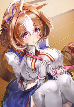 1girl @_@ absurdres ahoge animal_ears bag between_breasts breasts brown_hair commentary_request ears_down from_above gloves hair_between_eyes hairband highres horse_ears horse_girl horse_tail large_breasts long_sleeves looking_at_viewer medium_hair meisho_doto_(turbulent_blue)_(umamusume) meisho_doto_(umamusume) multicolored_hair on_floor own_hands_together pink_hairband purple_eyes shirt solo strap_between_breasts tail thighhighs tile_floor tiles triangle_mouth two-tone_hair umamusume white_gloves white_hair white_thighhighs yuttarou_029