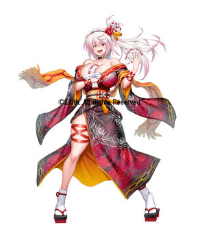 1girl alternate_costume asahi breasts fuuma_aki highres huge_breasts japanese_clothes kimono lilith-soft long_hair looking_at_viewer official_alternate_costume shiny_skin side_ponytail simple_background smile solo taimanin_(series) taimanin_rpgx wide_hips