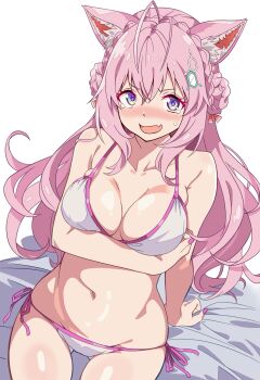 1girl animal_ears antenna_hair arm_support arm_under_breasts bare_shoulders bed_sheet bikini blush braid braided_bun breasts collarbone commentary_request crown_braid fang fingernails groin hair_bun hair_ornament hair_ribbon hakui_koyori highres hololive irodori_drawpic large_breasts long_hair looking_at_viewer nail_polish navel open_mouth pink_hair pink_nails pink_trim purple_eyes red_ribbon ribbon side-tie_bikini_bottom skin_fang solo stomach swimsuit tearing_up thighs virtual_youtuber white_background white_bikini wolf_ears wolf_girl
