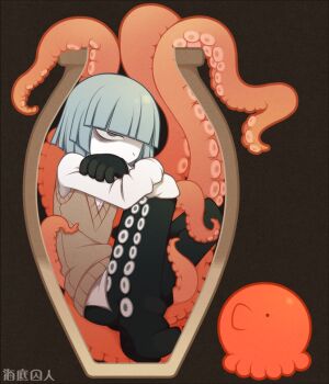 1boy animal artist_name bags_under_eyes black_boots black_gloves blue_eyes blue_hair blunt_bangs bob_cut boots brown_background brown_sweater_vest colored_skin crossed_arms fukami_(funamusea) funamusea funamusea_(artist) gloves octopus_boy official_art oounabara_to_wadanohara partially_shaded_face shirt short_hair simple_background solo squid sweater_vest tarako_(funamusea) tentacles vase white_shirt white_skin