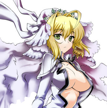 10s 1girl :&lt; ahoge areola_slip blonde_hair breasts center_opening chain fate/extra fate/extra_ccc fate_(series) female_focus green_eyes highres large_breasts lock nero_claudius_(bride)_(fate) nero_claudius_(fate) open_clothes padlock short_hair simple_background solo uguisu_kagura veil white_background