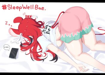 Rule 34 | ..., 1girl, animal ears, ass, bed, black hair, black streaks, breasts, cafelittle, cellphone, clothes writing, commentary, face down, flying sweatdrops, hakos baelz, hakos baelz (sleepwellbae), hashtag, highres, hololive, hololive english, large breasts, long hair, messy hair, mouse ears, mouse tail, mr. squeaks (hakos baelz), multicolored hair, on bed, phone, pink shorts, red hair, shirt, shorts, sleeping, smartphone, spoken ellipsis, sweatdrop, tail, thighs, top-down bottom-up, underboob, virtual youtuber, white hair, white shirt, zzz