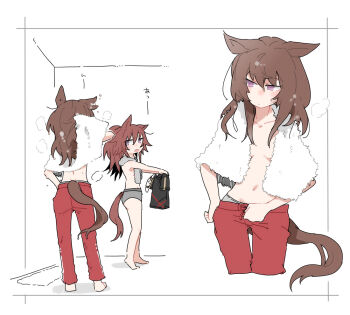 2girls animal_ears bare_legs barefoot beer_hsk breasts brown_hair closed_mouth collarbone commentary_request grey_panties groin hair_between_eyes horse_ears horse_girl horse_tail long_hair multiple_girls nakayama_festa_(umamusume) navel open_mouth orfevre_(old_design)_(umamusume) panties pants purple_eyes red_pants small_breasts tail topless_female towel towel_around_neck track_pants translation_request umamusume underwear undressing