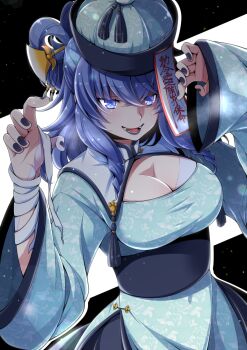 1girl alternate_costume aqua_dress aqua_hat bandaged_arm bandages black_lips black_nails blue_eyes blue_hair breasts cleavage cleavage_cutout clothing_cutout commentary_request dress eichi_yuu hair_ornament hair_rings hair_stick hat jiangshi_costume kaku_seiga large_breasts long_hair long_sleeves looking_at_viewer ofuda open_mouth patchwork_skin smile solo touhou translation_request wide_sleeves