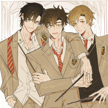 Rule 34 | 3boys, arm around shoulder, badge, bitter r18tya, black hair, brown eyes, brown hair, closed mouth, collar, crossed arms, earrings, eyebrows hidden by hair, eyelashes, eyes visible through hair, facial scar, formal clothes, glasses, grey eyes, hand in pocket, harry potter (series), holding, holding wand, james potter, jewelry, looking at viewer, male focus, messy hair, multiple boys, necktie, open mouth, orange eyes, pectorals, remus lupin, ring, scar, scar on cheek, scar on face, school uniform, shirt, short hair, sirius black, striped necktie, suit, sweat, sweatdrop, sweater, undone necktie, wand, wing collar, wizarding world