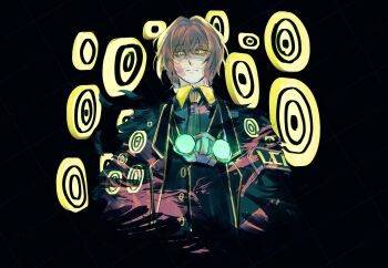 1boy armband bags_under_eyes black_background black_coat black_vest closed_mouth coat collared_shirt commentary_request e.g.o_(project_moon) facial_hair feather_coat glowing glowing_eyes goggles goggles_around_neck gregor_(project_moon) highres lamp_(e.g.o) lapels lce_(identity)_(project_moon) limbus_company long_sleeves male_focus medium_hair necktie notched_lapels prmn_yumaru project_moon shirt solo stubble too_many_eyes upper_body vest yellow_eyes