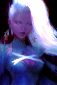 1girl alex_chow black_background black_bodysuit blue_eyes bodysuit breasts cleavage cleavage_cutout clothing_cutout commentary dark-skinned_female dark_skin earrings highres jewelry long_hair looking_to_the_side marvel marvel_rivals solo storm_(x-men) upper_body white_hair x-men