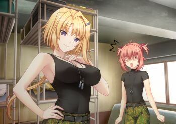 2girls bed black_shirt black_tank_top breasts bunk_bed camouflage camouflage_pants clenched_hands covered_erect_nipples dog_tags ellen_aice flat_chest game_cg hair_intakes highres large_breasts looking_at_viewer low_ponytail miono_shizuku multiple_girls muv-luv muv-luv_alternative muv-luv_unlimited:_the_day_after official_art open_mouth pants pink_hair ponytail purple_eyes sayori_(neko_works) shaded_face shirt shirt_tucked_in small_breasts smile surprised tank_top two_side_up white_eyes