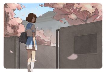 1girl bag blue_serafuku blue_skirt blue_sky border brown_eyes brown_hair building cherry_blossoms closed_mouth commentary_request from_behind hibike!_euphonium highres kitauji_high_school_uniform kneehighs looking_at_viewer looking_back oumae_kumiko outdoors petals psylduck school_gateway school_uniform serafuku shirt short_hair short_sleeves shoulder_bag skirt sky smile socks solo summer_uniform white_border white_shirt white_socks