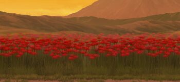 field flower flower_field game_cg grass hill landscape no_humans non-web_source official_art outdoors red_flower scenery sky spider_lily touhou touhou_gensou_eclipse twilight yellow_sky