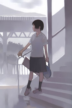1girl absurdres black_eyes black_hair black_skirt flat_chest full_body highres shirt short_hair skirt takamichi umbrella white_shirt