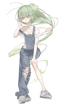 1girl :p absurdres adjusting_eyewear antenna_hair asymmetrical_legwear bags_under_eyes bare_shoulders blue_overalls collarbone crocs flat_chest floating_hair frills full_body glasses green_hair hair_ribbon half-skirt highres long_hair looking_at_viewer naked_overalls original overalls ribbon semi-rimless_eyewear shoes simple_background single_off_shoulder smile snail snail_girl solo strap_slip sweat tongue tongue_out torn_clothes very_long_hair white_background white_shoes yoru_uyo