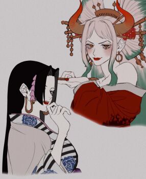 2girls bare_shoulders black_hair boa_hancock breasts earrings female_focus horns japanese_clothes jewelry kimono large_breasts lipstick long_hair looking_at_viewer makeup multicolored_hair multiple_girls one_piece orange_eyes red_lips siokosho_kinoko smile smoking_pipe snake_earrings very_long_hair yamato_(one_piece) yukata