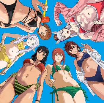 6+girls alternate_costume anya_(mouthwashing) arms_behind_back ayase_momo bare_arms bare_shoulders bikini black_bikini black_hair blue_bikini blue_sky blunt_bangs breasts brown_eyes brown_hair chainsaw_man clenched_hand closed_mouth crossed_bangs crossover dandadan double-parted_bangs frieren frilled_bikini frills from_below gold_ship_(umamusume) green_bikini green_eyes hair_between_eyes hand_on_own_hip highres holding holding_mallet jacket jujutsu_kaisen kugisaki_nobara large_breasts long_braid long_hair looking_at_viewer looking_down makima_(chainsaw_man) mallet mismatched_bikini mouthwashing multiple_crossover multiple_girls muscular muscular_female navel open_clothes open_mouth open_shirt parted_lips pink_jacket purple_eyes red_bikini red_hair shiren_(ourboy83) shirt short_hair sidelocks simple_background sky smile sousou_no_frieren stomach striped_bikini striped_clothes swimsuit toy_hammer twintails umamusume v white_bikini white_hair white_shirt yellow_bikini yellow_eyes