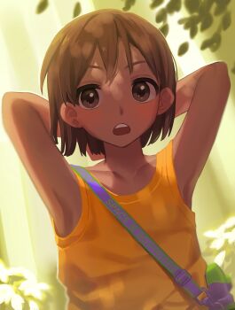 1boy aged_down armpits arms_behind_head arms_up backlighting bag bare_arms bare_shoulders blunt_ends brown_eyes brown_hair child collarbone commentary_request dappled_sunlight dark-skinned_male dark_skin double-parted_bangs green_background hair_behind_ear highres kel_(faraway)_(omori) kel_(omori) leaf looking_at_viewer male_focus omori open_mouth orange_tank_top outdoors purple_bag short_hair shoulder_bag simple_background solo sunlight tabeyu tank_top tareme teeth upper_body upper_teeth_only