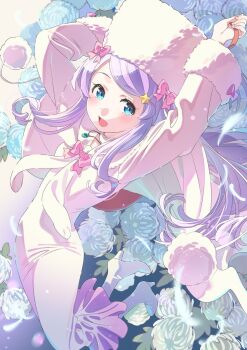 1girl :d anastasia_hoshin arms_up blue_eyes boots bow bowtie cape commentary_request dress fur-trimmed_sleeves fur_hat fur_trim hair_ornament hat high_heel_boots high_heels highres jewelry light_blush long_dress long_hair long_sleeves looking_at_viewer looking_up midair open_mouth papakha pendant pink_bow pink_bowtie pom_pom_(clothes) purple_eyes re:zero_kara_hajimeru_isekai_seikatsu smile solo star_(symbol) star_hair_ornament swept_bangs teeth tokira_nozumi upper_teeth_only white_boots white_cape white_dress white_hat