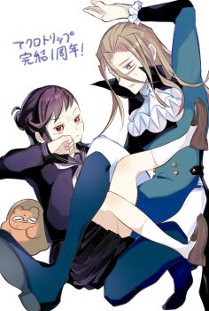 1boy 1girl acro_trip arm_up ascot bear black_hair black_serafuku black_skirt brown_footwear brown_hair chroma_(acro_trip) date_chizuko hair_between_eyes highres kuma_kaijin nagaoto_(ngt751) neckerchief scar scar_on_face school_uniform serafuku skirt socks sweatdrop symbol-shaped_pupils triangle-shaped_pupils white_ascot white_background white_neckerchief white_socks