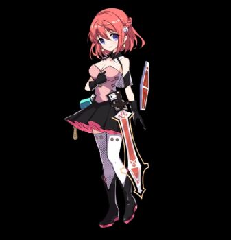 1girl black_background black_boots black_collar black_gloves blue_eyes boots braid breasts cleavage closed_mouth collar collarbone detached_collar dress earrings full_body gloves hair_between_eyes half_up_braid holding holding_sword holding_weapon jewelry large_breasts melia_(merc_storia) merc_storia merc_storia_art_team official_art red_hair sidelocks simple_background smile solo standing strapless strapless_dress sword tachi-e thighhighs weapon white_thighhighs