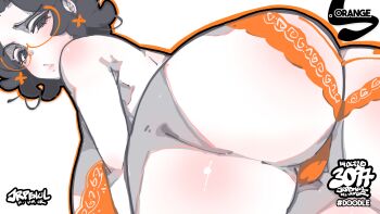1girl absurdres artist_name ass bent_over bilingual_commentary bra breasts butt_crack commentary english_commentary from_behind full_body glasses grey_eyes grey_hair highres jrpencil large_breasts looking_at_viewer looking_back mixed-language_commentary orange_bra orange_panties original panties panty_peek parted_lips short_hair simple_background solo underwear underwear_only white_background