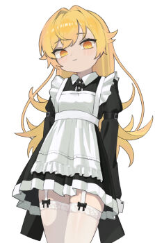 1girl :3 absurdres apron black_dress blonde_hair commentary_request cowboy_shot densi_ronto dress flipped_hair garter_straps hair_flaps highres juliet_sleeves lace lace-trimmed_thighhighs lace_trim long_hair long_sleeves looking_at_viewer maid maid_apron monogatari_(series) oshino_shinobu puffy_sleeves simple_background smile solo thighhighs white_background white_garter_straps white_thighhighs yellow_eyes