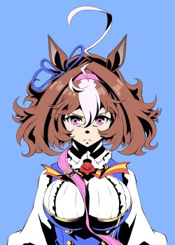 1girl ahoge animal_ears ascot between_breasts blue_background blue_dress bow breasts brown_hair closed_mouth double-parted_bangs dress ear_ribbon hair_between_eyes hairband headband highres horse_ears horse_girl large_breasts long_sleeves looking_at_viewer medium_hair meisho_doto_(turbulent_blue)_(umamusume) meisho_doto_(umamusume) multicolored_hair pink_hairband pink_headband purple_eyes simple_background strap_between_breasts two-tone_hair umamusume upper_body white_dress white_hair zukki_(bijitaru)