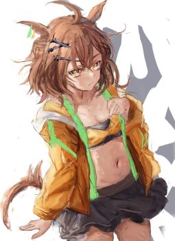 ahoge animal_ears bandeau bare_shoulders black_skirt breasts brown_hair closed_mouth hair_between_eyes hair_ornament hairclip horse_ears horse_girl horse_tail jacket jewelry jungle_pocket_(champion's_battle_cry)_(umamusume) jungle_pocket_(umamusume) long_sleeves looking_at_viewer medium_hair navel open_clothes open_jacket pleated_skirt simple_background skirt small_breasts stomach suspenders tail umamusume yanagi_wakana yellow_bandeau yellow_eyes yellow_jacket