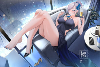 1girl alternate_costume aqua_eyes artist_logo bare_shoulders barefoot blue_dress blue_eyes blue_hair blue_nails blush breasts bright_pupils cake cake_slice champagne_bottle champagne_flute cleavage clothing_cutout commentary couch covered_navel criss-cross_halter cup dress drinking_glass earrings english_commentary feet food food_between_breasts fork from_above full_body gown grey_hair hair_bun halterneck high_heels highres hip_vent holding holding_cup holding_fork hololive hololive_indonesia indoors jewelry knees_up landacdeus large_breasts logo long_dress looking_at_viewer lying multicolored_hair nail_polish on_back on_couch patreon_username pavolia_reine pointy_ears shoes single_bare_foot single_shoe single_thighhigh solo swept_bangs thighhighs thighs toenail_polish toenails toes tongue tongue_out twitter_username two-tone_hair unworn_shoes virtual_youtuber watermark