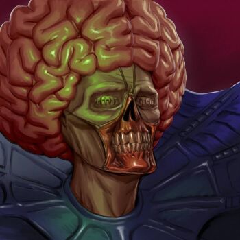 1boy berserk brain closed_eyes commentary exposed_brain exposed_muscle flayed_skin highres magenta_sunrise male_focus portrait solo stitched_eye teeth void_(berserk)