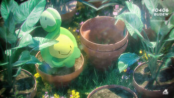 3d :> artist_name budew celebi350300687 character_name cinema_4d_(medium) closed_mouth commentary_request flower flower_pot full_body gen_4_pokemon grass highres nintendo no_humans outdoors plant pokedex_number pokemon pokemon_(creature) pokemon_focus smile soil solo