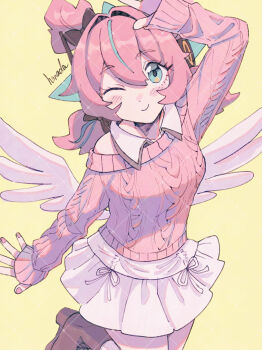1girl alternate_costume angel_wings aria_(zenless_zone_zero) arm_up blue_streaks cable_knit closed_mouth commentary_request hanada_(cobalt003) highres looking_at_viewer medium_hair multicolored_hair nail_polish one_eye_closed pink_hair pink_nails pink_sweater skirt smile solo streaked_hair sweater white_skirt wings zenless_zone_zero