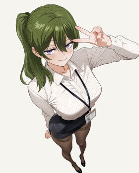 1girl absurdres ai-assisted black_pantyhose breasts collared_shirt green_hair high_heels highres jmx_(j_m_x) looking_at_viewer medium_breasts office_lady pantyhose pencil_skirt purple_eyes shirt side_ponytail skirt solo sousou_no_frieren standing ubel_(sousou_no_frieren) v white_hair