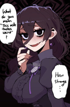 1girl @_@ bags_under_eyes black_corset black_hair breasts corset dress earrings hair_between_eyes hex_maniac_(pokemon) hex_maniac_(pokemon_legends:_z-a) j.k. jewelry juliet_sleeves large_breasts large_earrings long_hair long_sleeves looking_at_viewer nintendo pearl_earrings pokemon pokemon_legends:_z-a puffy_sleeves purple_eyes purple_ribbon ribbon sphere_earrings