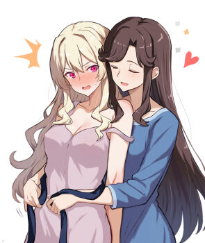 2girls ^^^ arm_at_side armpit_crease arms_up bare_arms bare_shoulders behind_another blonde_hair blue_dress blue_sash blush breasts chibinekopan cleavage closed_eyes collarbone commentary_request covered_erect_nipples dress embarrassed flower_symbol grey_dress hair_between_eyes hair_down heads_together heart highres large_breasts long_hair long_sleeves looking_at_another looking_to_the_side multiple_girls nose_blush open_mouth parted_bangs pink_eyes saijou_claudine sash shoujo_kageki_revue_starlight sidelocks sideways_glance simple_background single_off_shoulder sleeveless sleeveless_dress smile standing surprised sweatdrop tendou_maya undressing_another untying upper_body v-shaped_eyebrows very_long_hair waist_sash wavy_hair white_background yuri