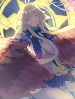 1girl ahoge blue_loincloth blush breasts brown_feathers brown_wings fate/grand_order fate_(series) feathered_wings feathers harpy highres huge_ahoge jewelry large_breasts long_hair looking_at_viewer louhi_(fate) louhi_(third_ascension)_(fate) monster_girl necklace orbita_nova sharp_teeth sidelocks smile solo teeth tooth_necklace winged_arms wings