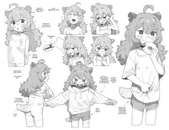 1girl absurdres ahoge angry animal_collar arrow_(symbol) bandaid bandaid_on_arm bandaid_on_cheek bandaid_on_face bandaid_on_nose bandaid_on_stomach blush character_age character_profile collar commentary crying dolphin_shorts donut drawstring drooling eating english_commentary english_text engrish_text multiple_expressions flat_chest food food_on_face furrowed_brow greyscale hair_between_eyes hair_flaps hair_intakes highres holding holding_food holding_spoon hood hood_down hoodie loli long_hair long_sleeves macci_(possummachine) missing_tooth mixed-language_commentary monochrome mouth_drool multiple_views name_tag navel nipples open_mouth original outstretched_arms possum_ears possum_girl possum_tail possummachine ranguage shorts spoon spread_arms stomach sweat tucking_hair utensil_in_mouth