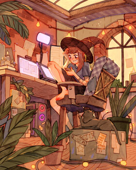 1girl arm_tattoo bandaged_leg bandages bandaid bandaid_on_knee bandaid_on_leg barefoot black_hat black_shorts blush box brown_hair candle cat cellphone chair commentary computer computer_tower day desk desk_lamp drawing_tablet feet_on_chair full_body grey_cat grey_shirt grin hand_on_own_head hat highres holding holding_phone indoors knee_up lamp looking_at_phone medium_hair monitor multiple_monitors office_chair on_chair original parquet_floor phone plant potted_plant shirt shorts simz sitting_sideways sky skylight smartphone smile solo string_of_light_bulbs sunlight swivel_chair tattoo webcam window witch_hat yellow_sky