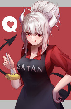1girl absurdres apron chinese_commentary commentary_request fork hair_up hand_on_own_hip heart helltaker highres horns licking_lips lucifer_(helltaker) mole mole_under_eye partial_commentary red_background red_shirt sao7 shirt solo spoken_heart tail tongue tongue_out white_hair white_horns