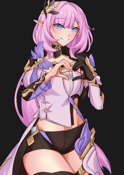 Rule 34 | 1girl, absurdres, black gloves, black shorts, black shrug, blue eyes, breasts, commentary request, corset, elf, elysia (honkai impact), elysia (miss pink elf) (honkai impact), gloves, hair ornament, heart, heart hands, highres, honkai (series), honkai impact 3rd, korean commentary, large breasts, long hair, looking at viewer, pink hair, pointy ears, pyeong il, short shorts, shorts, shrug (clothing), simple background, single glove, solo, very long hair, white corset