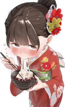 1girl blush brown_eyes brown_hair chopsticks commentary_request cup eating floral_print flower hair_bun hair_flower hair_ornament highres holding holding_cup japanese_clothes kimono loli looking_at_viewer mocha_kichi original red_kimono simple_background white_background