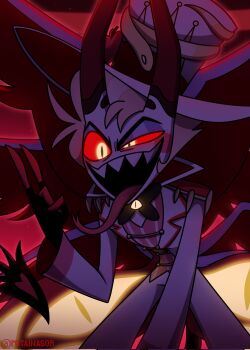 1boy angel angel_wings blonde_hair commentary_request demon_boy demon_horns formal_clothes hair_slicked_back hashtag-only_commentary hazbin_hotel hellaverse highres horns lucifer_morningstar_(hazbin_hotel) male_focus potainasor sharp_teeth slit_pupils solo suit teeth wings