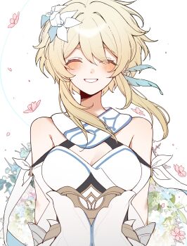 1girl ^_^ absurdres bare_shoulders blonde_hair blush breasts closed_eyes flower genshin_impact hair_flower hair_ornament highres hoxino lumine_(genshin_impact) medium_breasts pink_flower short_hair_with_long_locks sleeveless smile solo upper_body white_background white_flower