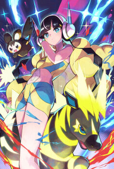 1girl absurdres black_hair blue_eyes bright_pupils closed_mouth commentary_request elesa_(pokemon) emolga gen_5_pokemon headphones highres jacket long_hair nintendo open_clothes open_jacket pokemon pokemon_(creature) pokemon_bw2 rainys_bill sparkle white_pupils yellow_jacket zebstrika