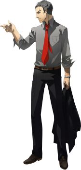 Rule 34 | 1boy, absurdres, beard, belt, black hair, black pants, breast pocket, brown belt, collared shirt, doujima ryoutarou, facial hair, grey shirt, highres, holding, holding unworn clothes, holding unworn jacket, jacket, male focus, necktie, official art, pants, persona, persona 4, photoshop (medium), pocket, pointing, red necktie, shirt, soejima shigenori, solo, third-party source, transparent background, watch, wristwatch