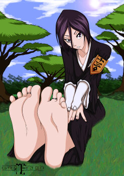 1girl absurdres barefoot barefoot_on_grass black_robe bleach collarbone dazidentevil feet foot_focus grass highres jewelry kuchiki_rukia looking_at_viewer nature outdoors purple_eyes robe shinigami sitting soles solo solo_focus toe_ring toes tree