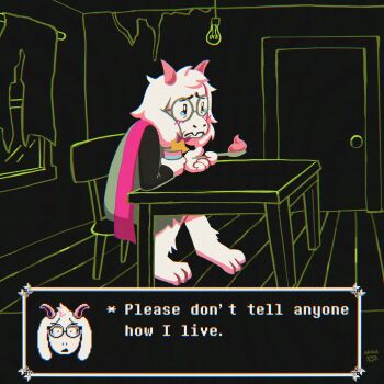 1boy absurdres animal_ears barefoot black_background chair commentary crying crying_with_eyes_open curtains deltarune door embarrassed english_commentary english_text food frown furry furry_male glasses goat_boy goat_ears green-framed_eyewear green_robe highres holding holding_spoon horns hunched_over kamikaze_mika light_bulb on_chair parody pink_horns pink_scarf poverty pudding ralsei robe round_eyewear sad scarf scene_reference sitting spoilers spoon table tearing_up tears the_simpsons torn_curtains utdr_(toby_fox) white_fur window wooden_floor