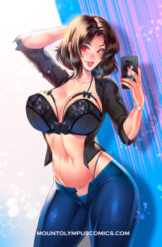 Rule 34 | 1girl, arm behind head, black bra, black shirt, blue pants, bra, breasts, brown hair, cellphone, cleavage, collared shirt, commentary, commission, cosplay, cowboy shot, dorothy blade, fingernails, highres, holding, holding phone, lace, lace-trimmed bra, lace trim, large breasts, lena dai, lips, lipstick, looking at viewer, makeup, nail polish, nose, open clothes, open fly, open shirt, pants, panty straps, parted bangs, parted hair, parted lips, phone, pink lips, red eyes, red nails, samsung, samsung sam, samsung sam (cosplay), samurai of oz, shirt, short hair, smartphone, smile, solo, stomach, underwear