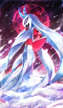 back froslass full_moon gen_4_pokemon highres horns ice looking_at_viewer looking_back mega_evolution mega_froslass moon night nintendo no_humans pemuchi_(chikuwa_3296) pokemon pokemon_(creature) pokemon_focus snow snowing solo standing