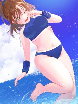 1girl absurdres arle_nadja arm_warmers bikini blue_bikini blue_scrunchie blue_sky breasts brown_eyes cloud commentary_request feet hair_ornament hair_scrunchie hand_on_own_face highres madou_monogatari medium_breasts navel one_eye_closed open_mouth partially_submerged ponytail puyopuyo scrunchie short_hair sidelocks sky solo sports_bikini swimsuit tamamiyau twitter_username wet